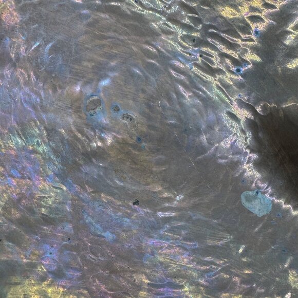 Mid Century Hammered Brass Copper Fish Dish Abalone Shell Inlay Mexico Footed - Picture 8 of 11